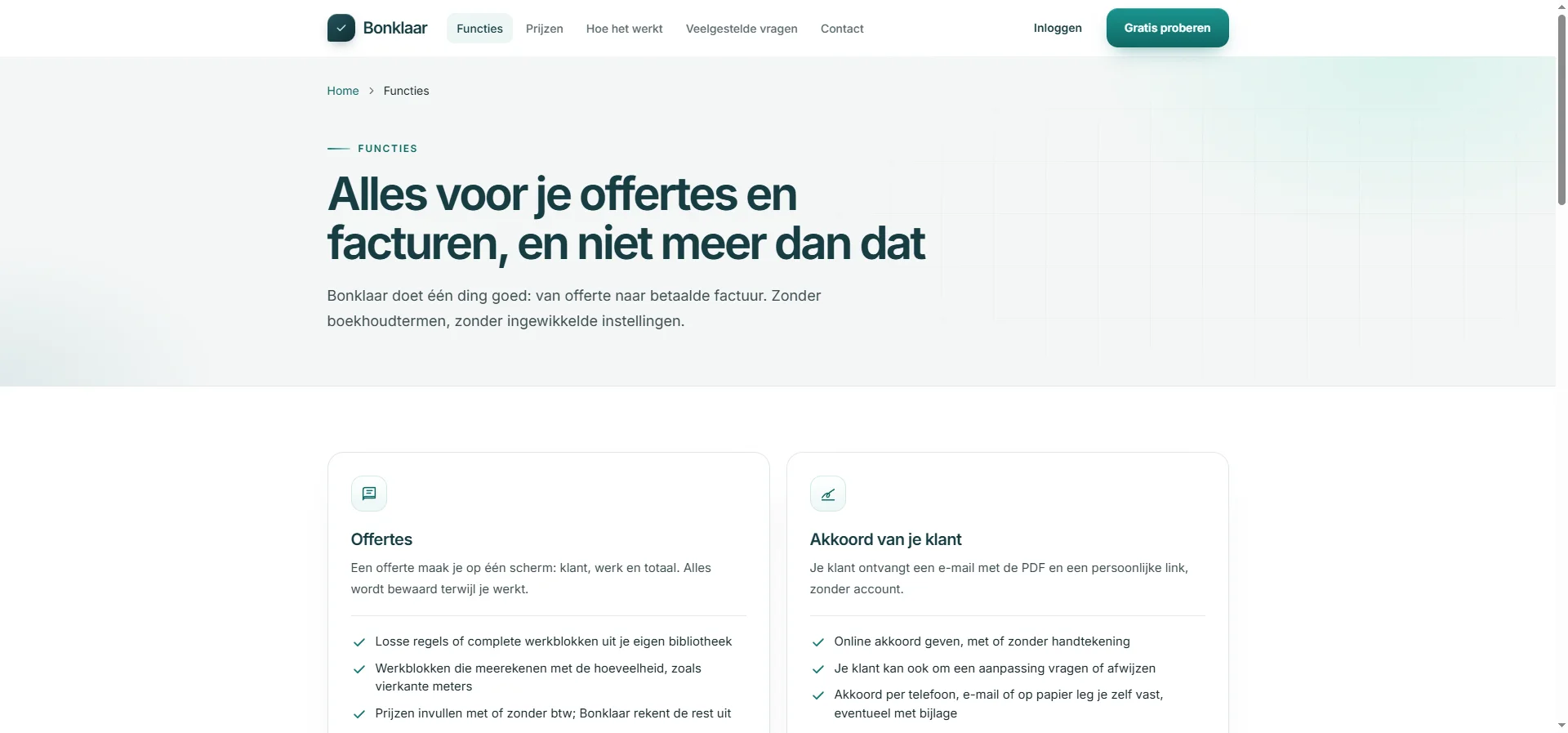 Bonklaar overzicht van offerte- en facturatiefuncties