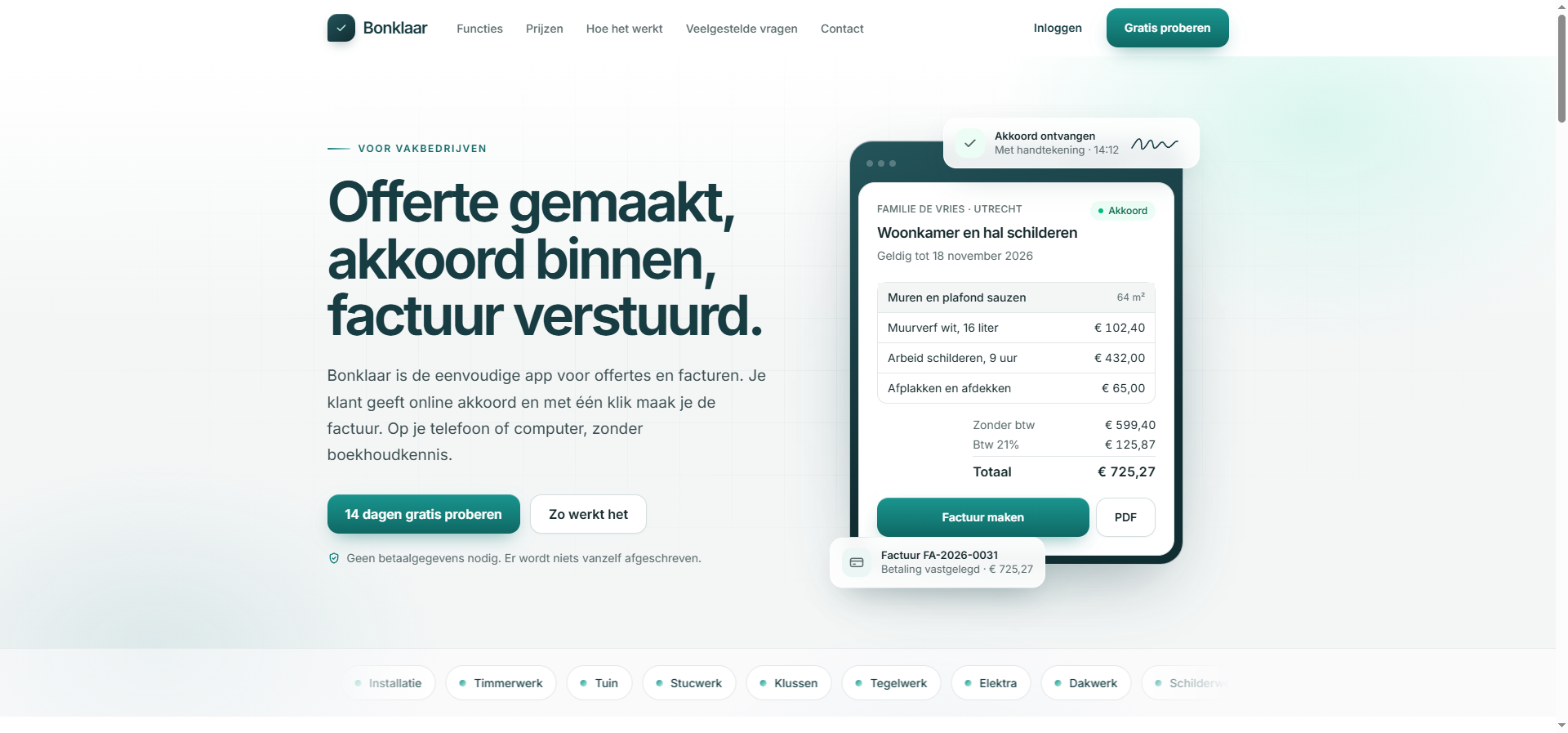 Bonklaar website met een voorbeeld van een offerte voor schilderwerk