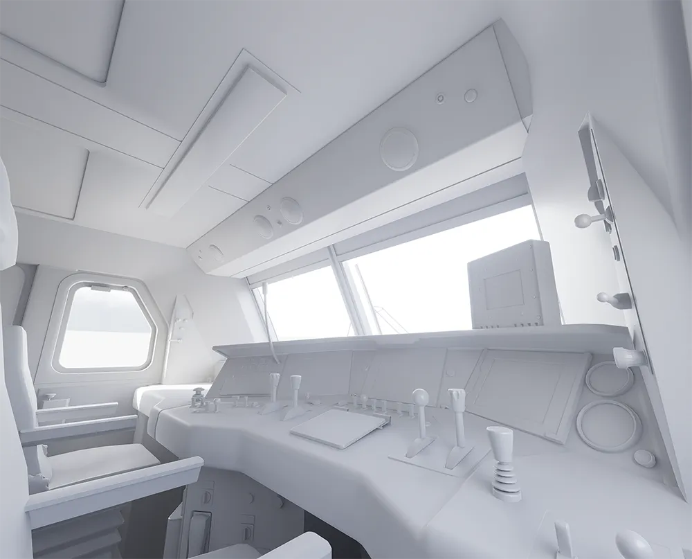 3D model van een technische cabine in clay render stijl