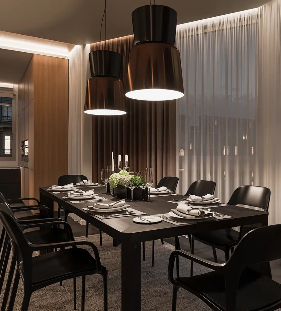 Interieur render met eettafel, lichtplan en warme materialen