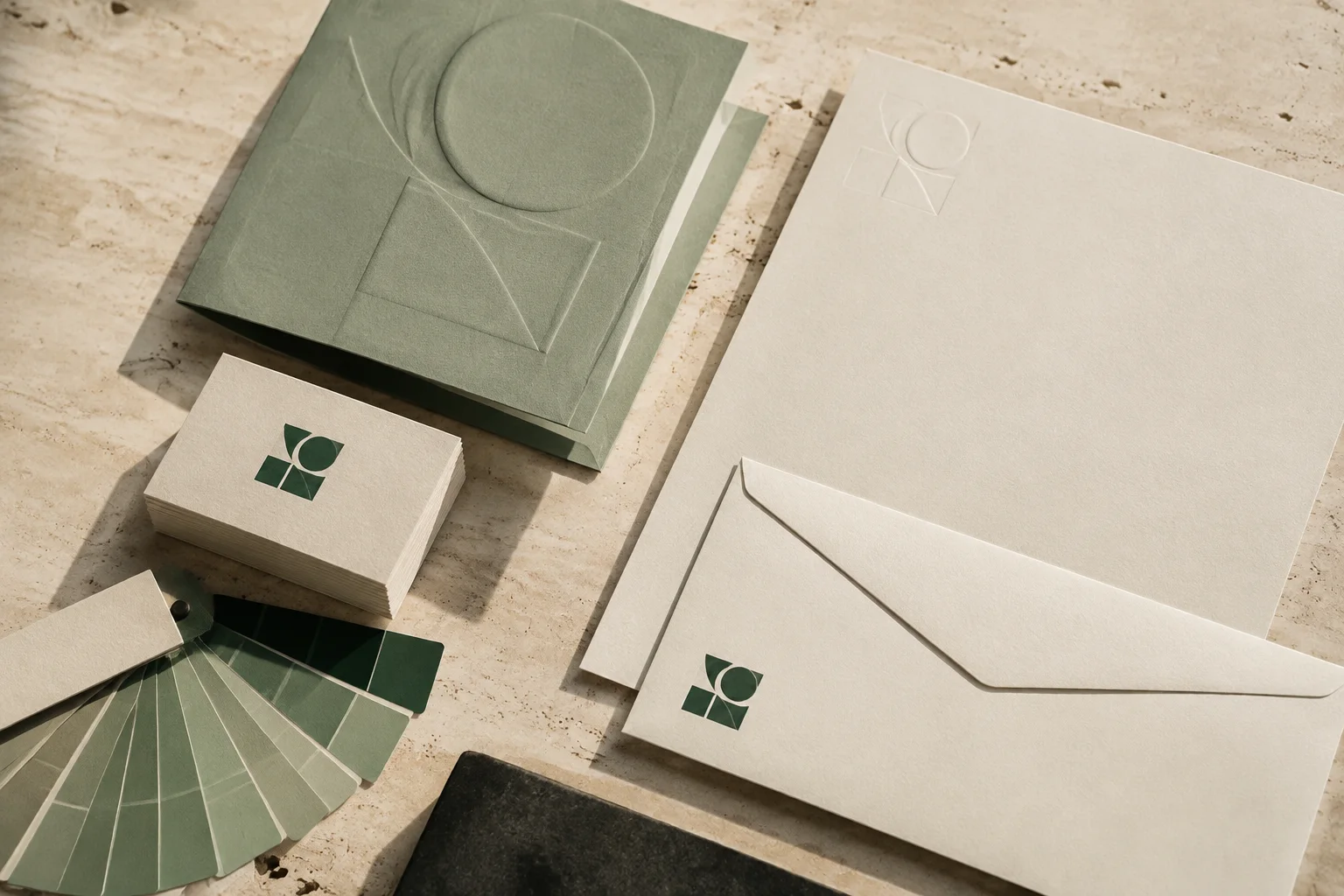 Sfeerbeeld van een huisstijl met visitekaartjes, briefpapier, enveloppen en een brochure