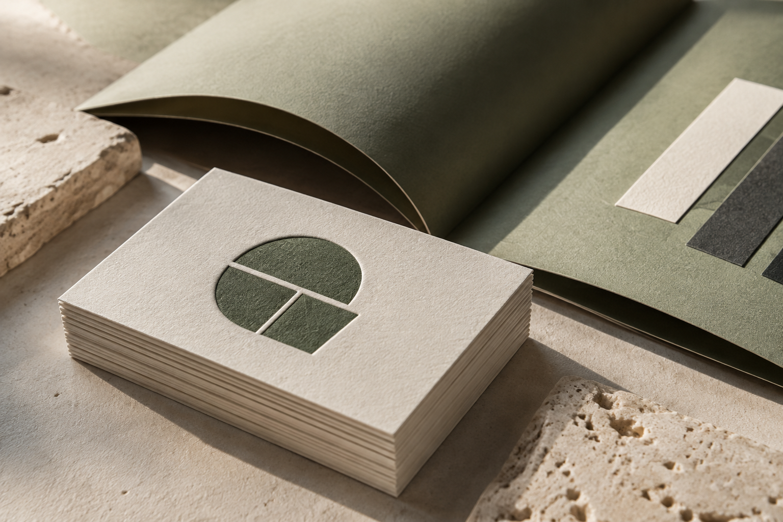 Detail van visitekaartjes met reliëf en een gevouwen brochure op structuurpapier